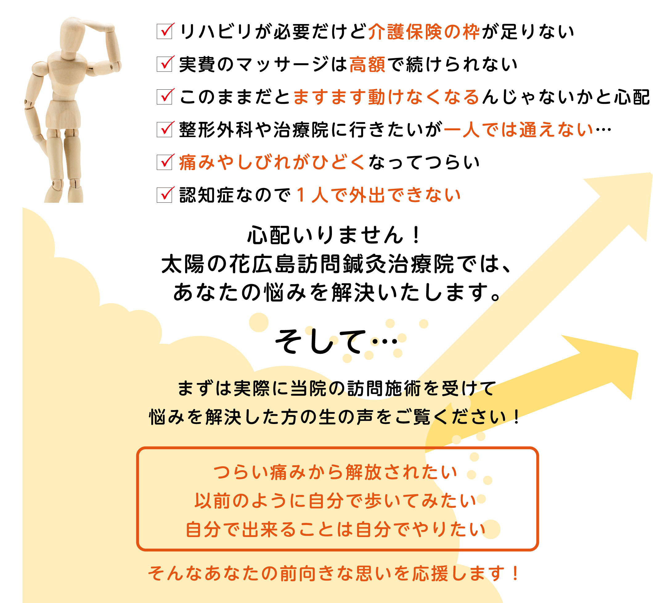 リハビリが必要だけど介護保険の枠が足りない 実費のマッサージは高額で続けられない このままだとますます動けなくなるんじゃないかと心配 整形外科や治療院に行きたいが一人では通えない… 痛みやしびれがひどくなってつらい 認知症なので１人で外出できない 心配いりません！ 太陽の花広島訪問鍼灸治療院では、 あなたの悩みを解決いたします。 そして…  まずは実際に当院の訪問施術を受けて 悩みを解決した方の生の声をご覧ください！ つらい痛みから解放されたい 以前のように自分で歩いてみたい 自分で出来ることは自分でやりたい そんなあなたの前向きな思いを応援します！